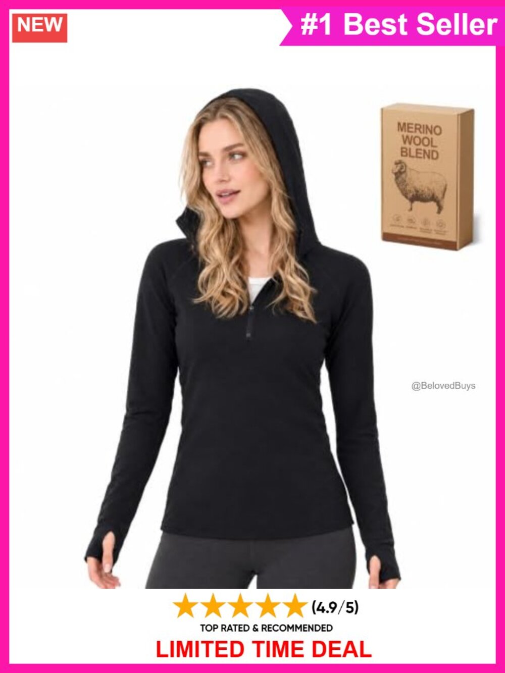 Lyocell Merino Wool Blend Quarter Zip Hoodie Thumbholes Women's